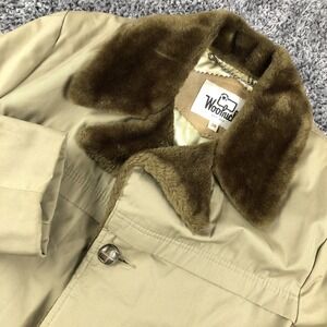 Woolrich Coat Mens 38‎ Beige Canvas Faux Fur Collar Lined Overcoat Winter Warm